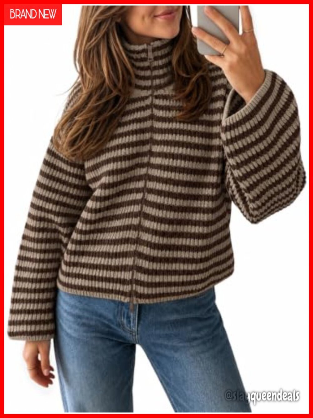 Striped Zip Up Cardigan Mock Neck Loose Fit Acrylic Knit Sweater Women